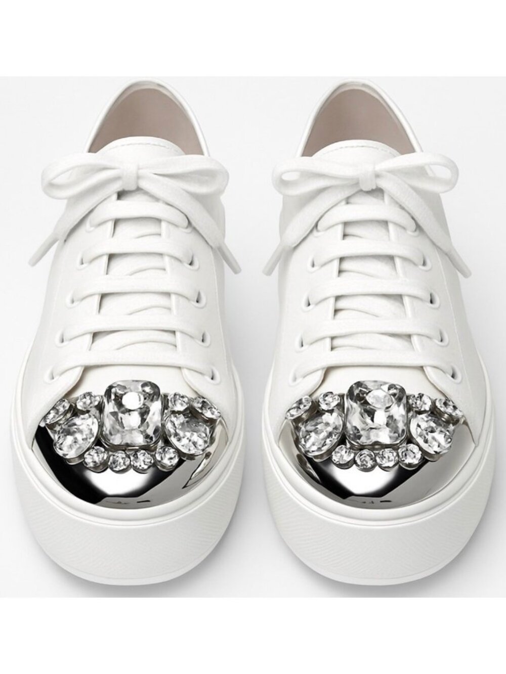 New Miu Miu Swarovski Crystal Toe Cap Sneakers White Nappa IT 40.5 US 10.5